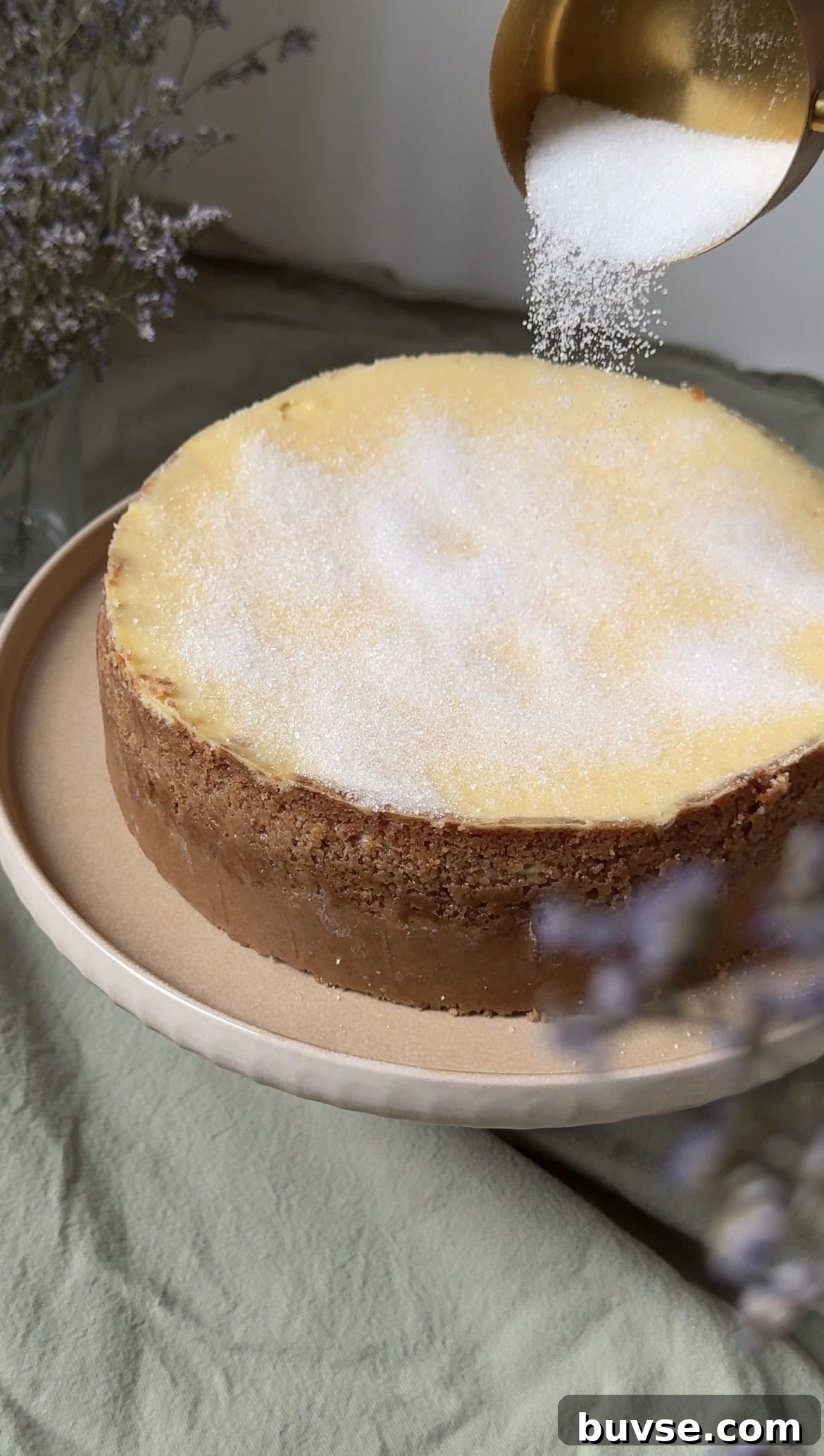 sprinkling sugar on the top of creme brulee cheesecake