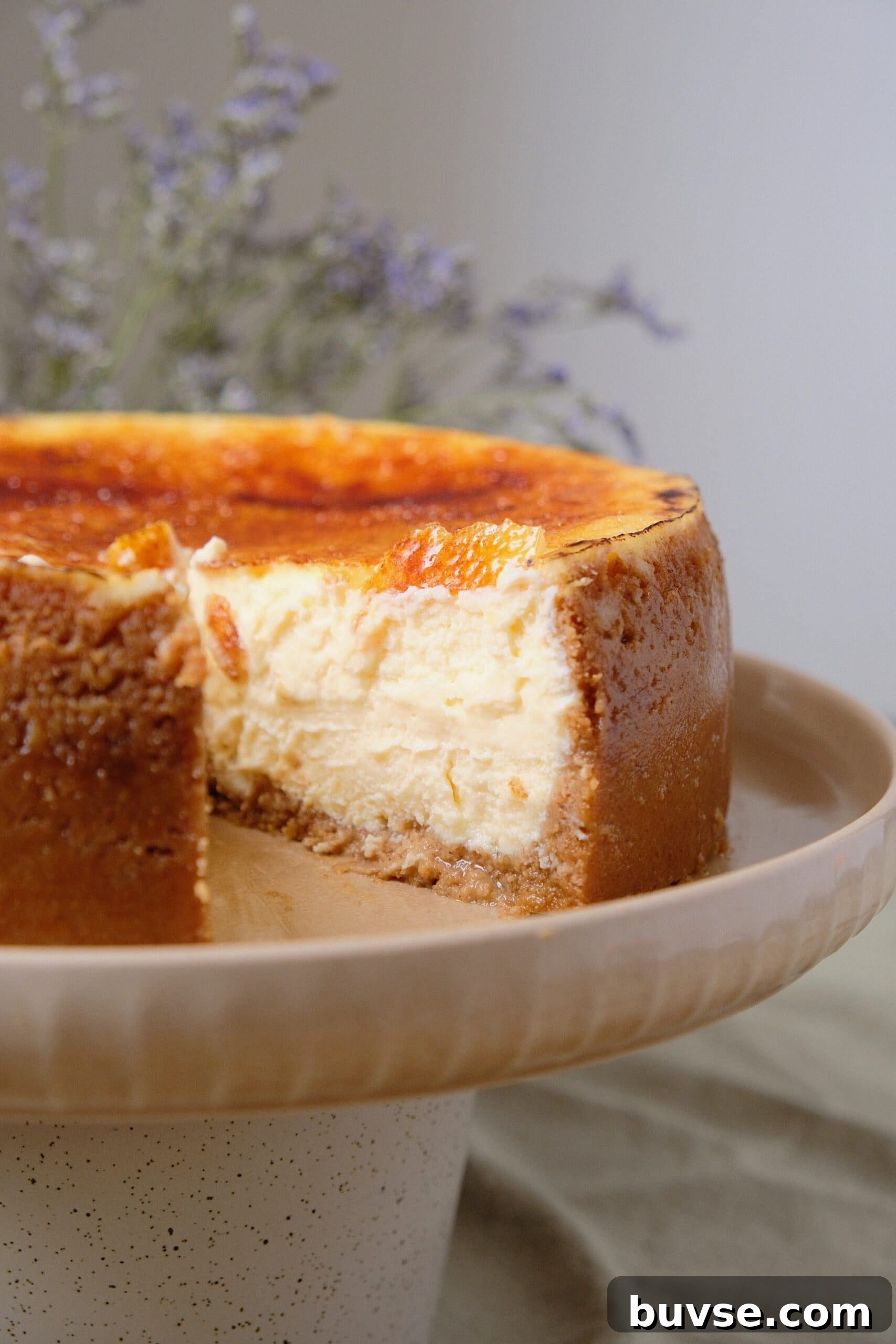 a slice removed from creme brulee cheesecake
